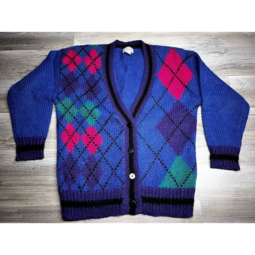 Vintage Mohair Blend‎ Cardigan Argyle Sweater Eclectic Grandma Indie Grunge Sz L